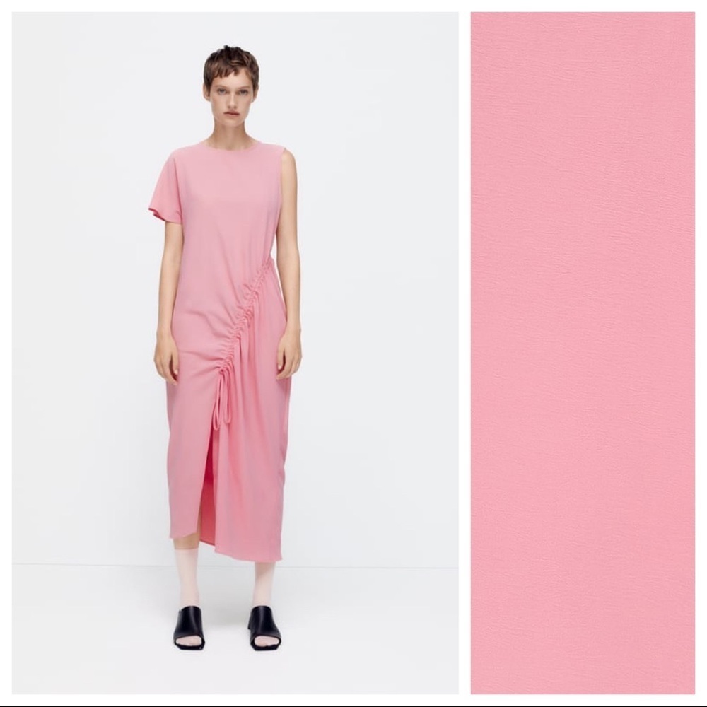 NWT. Zara Pink Asymmetric Draped Midi Dress. Size L.